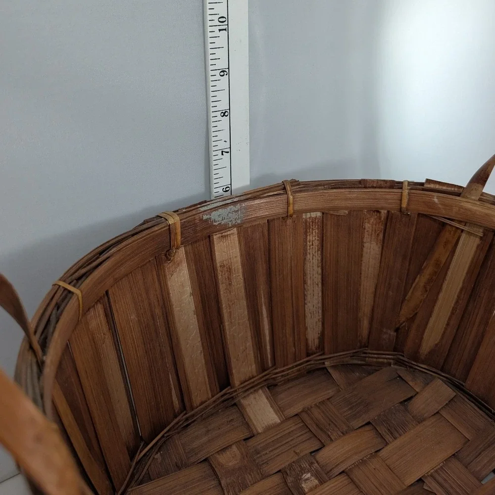 Vintage Woven Bamboo Strawberry Basket Oval Slatted Wood Storage with Handles